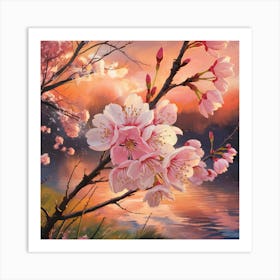 Cherry Blossoms At Sunset Art Print