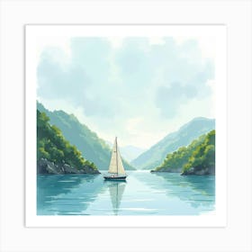 Tranquil Sailboat Amidst Watercolor Serene Coast 1 Art Print