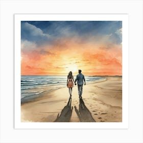 Couple Walking On The Beach At Sunset Art Print