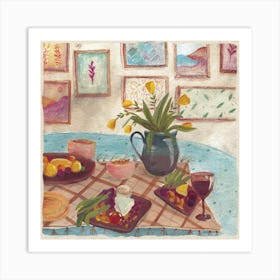 Still life with flowers and win Art Print