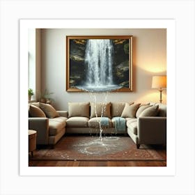 A cozy living room with a soft, plush sofa and a warm, patterned rug at the center. Hanging on the wall is a large painting of a waterfall Art Print