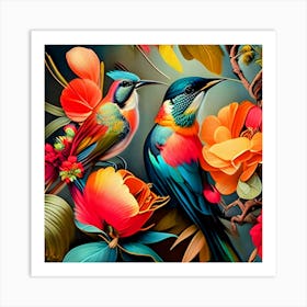 Two Birds Perched On Flowers Art Print