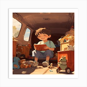 Boy Reading In A Van Art Print