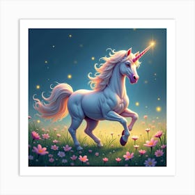 Magical Unicorn Prancing Through A Meadow Of Glowing Flowers 1 Art Print