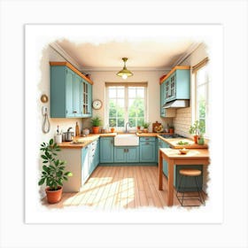 Bright And Cozy Kitchen Watercolor, Lively And Inviting 1 Art Print