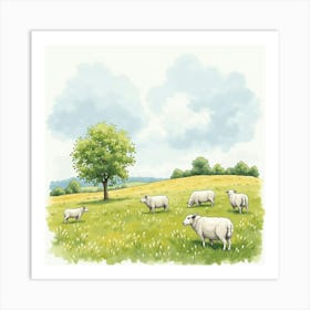 A Peaceful English Countryside With Grazing Sheep, Captured In Watercolor 1 Art Print