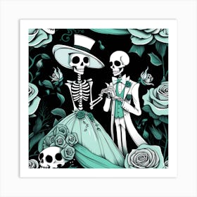 Day Of The Dead Skeletons whimsical minimalistic line art Art Print