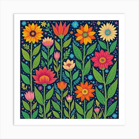 Flowers On A Blue Background Art Print