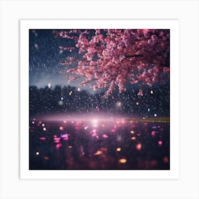 Pink Cherry Blossoms in Midnight Rain Art Print