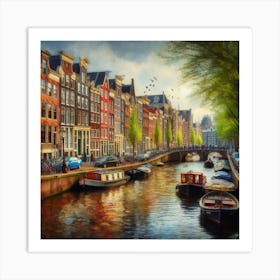 Amsterdam Canals - A canal scene in Amsterdam, with colorful houses lining the banks and boats floating by. The scene is rendered in a realistic, painterly style Art Print
