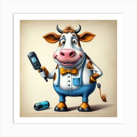 Cartoon Cow Holding A Cell Phone Art Print