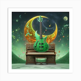 Green Guitar with Music Notes, Piano and Moon in Background Art Print