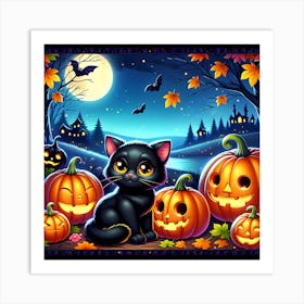 Halloween Black Cat Pumpkins Art Print