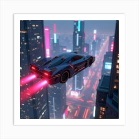 A Futuristic Flying Car Soaring Above A Neon Lit Cyberpunk Cityscape 1 Art Print