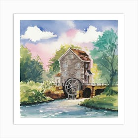 Water Mill Watercolor Painting Art Print