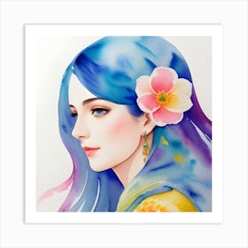 Watercolor Of A Girl With Blue Hair Art Print