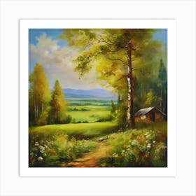 Landscape Painting.Canada's forests. Dirt path. Spring flowers. Forest trees. Artwork. Oil on canvas. Art Print