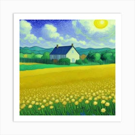 Farmhouse Serenity A Warm Evening Glow Field Of Dandelions Art Print