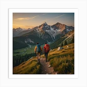 Two Hikers Hiking In The Mountains Art Print