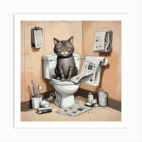 Cat Reading A Newspaper In Toilet (1) Art Print