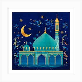 Illustration Of A Mosque Featuring A Minaret Dome And Intricate Islamic Calligraphy Homes A Cresc Art Print