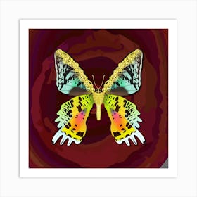 Mechanical Butterfly Urania Ryphaeus On A Dark Red Maroon Background Art Print