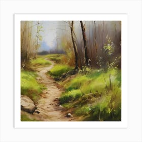 Path In The Woods.A dirt footpath in the forest. Spring season. Wild grasses on both ends of the path. Scattered rocks. Oil colors.32 Art Print