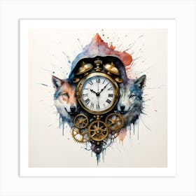 Clock With Wolves Art Print