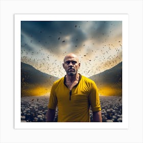 The Image Depicts A Man With A Shaved Head Standing In Front Of A Yellow Background Filled With Bees 3 Art Print