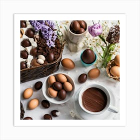 Easter Basket With Chocolate Eggs And Flowers Art Print