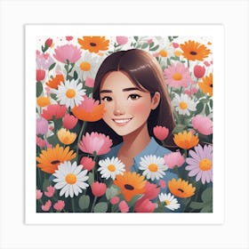 Asian Girl In Flowers Art Print