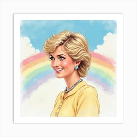 Soft Pastel Watercolor Sky And Rainbow Hues, Princess Diana Smiling Brightly Art Print