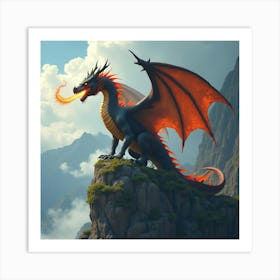 Ancient Dragon Perched On A Craggy Mountain, Breathing Fire Into The Sky 1 Art Print