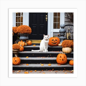 Halloween Cat On Steps Art Print