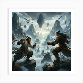 Two Warriors Fighting In The Mountains Art Print