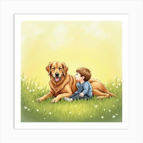 Affectionate Golden Retriever And Child Relaxing In A Sunlit Meadow, Watercolor 1 Art Print