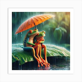 Frog Couple In The Rain Art Print