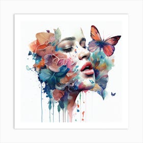 Watercolor Floral Woman Face #1 Art Print