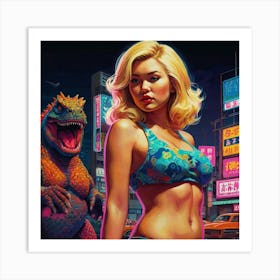 Retro Pop Godzilla with Asian Blonde Art Print