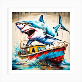 Shark On A Boat Art Print