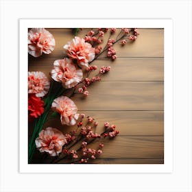 Carnations On Wooden Background Art Print