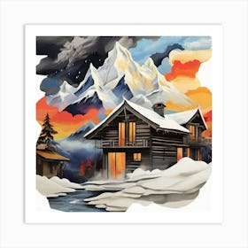 Abstract painting snow mountain and wooden hut 1 Art Print