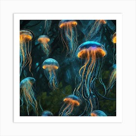 Bioluminescent Jellyfish Abstract Fractal Patternin The Jungle By Jacob Lawrence And Francis Pi 987961941 (3) Art Print