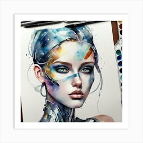 Robot Girl Watercolor Painting Art Print