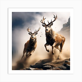 Two Male Deer Jump At The Top Of The Mountain Causing Dust And Hair And Sweat Are Scattered From T (1) Art Print