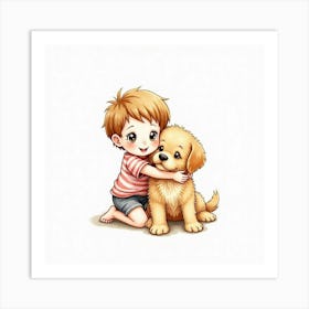 Watercolor Portrait Of A Child Hugging A Golden Retriever Puppy Art Print