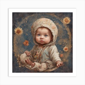 Baby With Sunflowers Baby Bumpkin Painting ( Bohemian Design ) Art Print