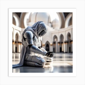 A 3d Dslr Photography Muslim Wearing Futuristic Digital Armor Suit , Praying Towards Masjid Al Haram, House Of God Award Winning Photography From The Year 8045 Qled Quality Designed By Apple(3) Art Print