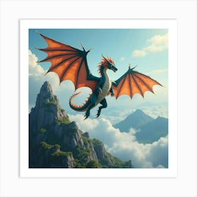 Dragon With Shimmering Scales Flying Over A Mountain 1 Art Print