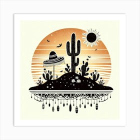 Boho art Silhouette of an island with cacti 1 Art Print